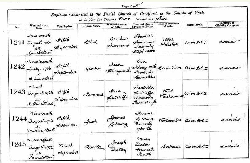 A copy of Ethel's baptism record