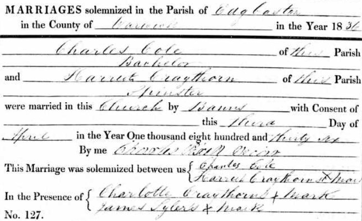 A copy of Charles and Harriet's wedding registration