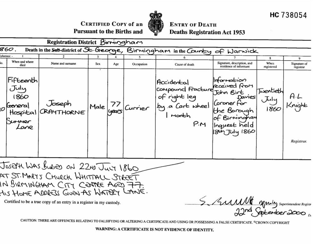 Joseph Crathorn 1783 death certificate