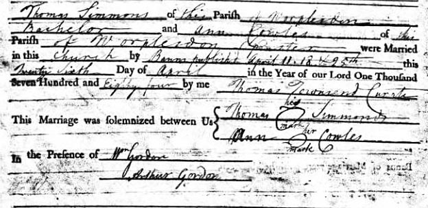 The marriage entry for Thomas and Ann Simmonds